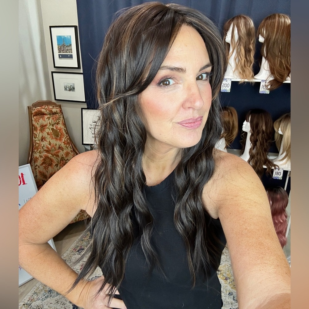 130 Wavy Dark Brown w/ highlight Synthetic Wig Clip InTopper